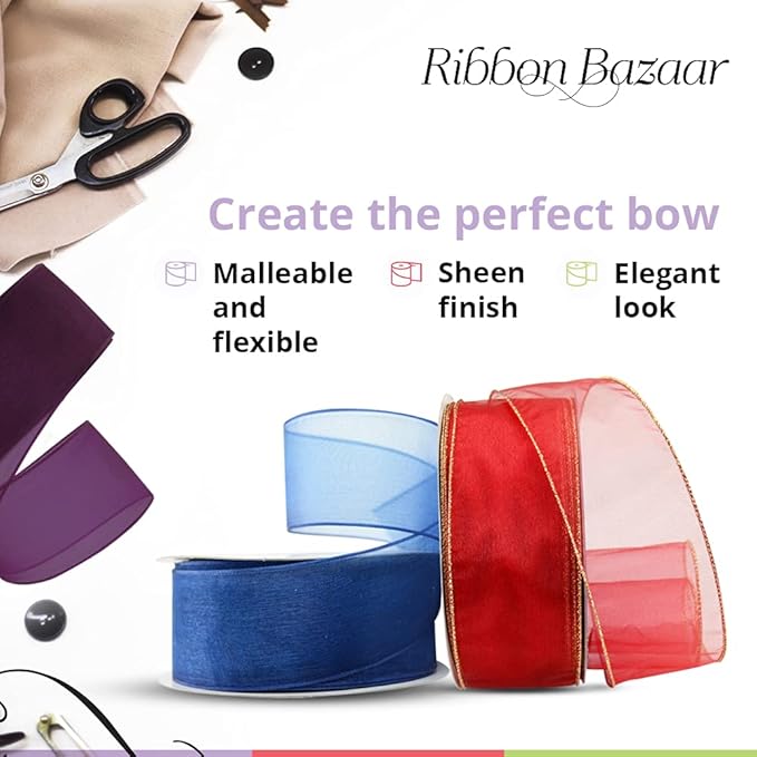 Ribbon Bazaar Sheer Organza Wired Ribbon - Wire Edged Ribbon for Floral Decor, Table Arrangements, Apparel Embellishment & More - 1-1/2" Purple 25yd Spool