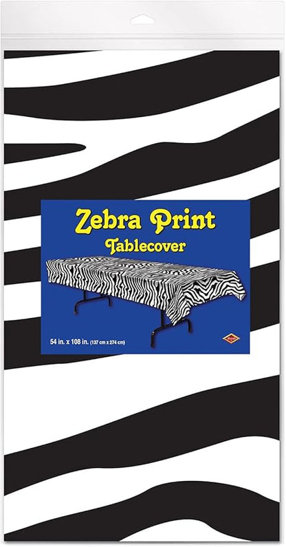 Beistle Plastic Disposable Rectangular Zebra Print Table Cover Bachelorette Birthday Party Supplies and Tableware, 54"x108", Black, White