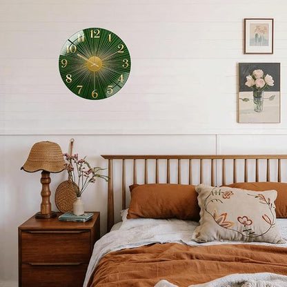 12 Inch Green Sunburst Glass Wall Clock Silent Art Decor | Silent glossy clock with an emerald green sunburst and gold numbers, elegantly tracking time for your living room