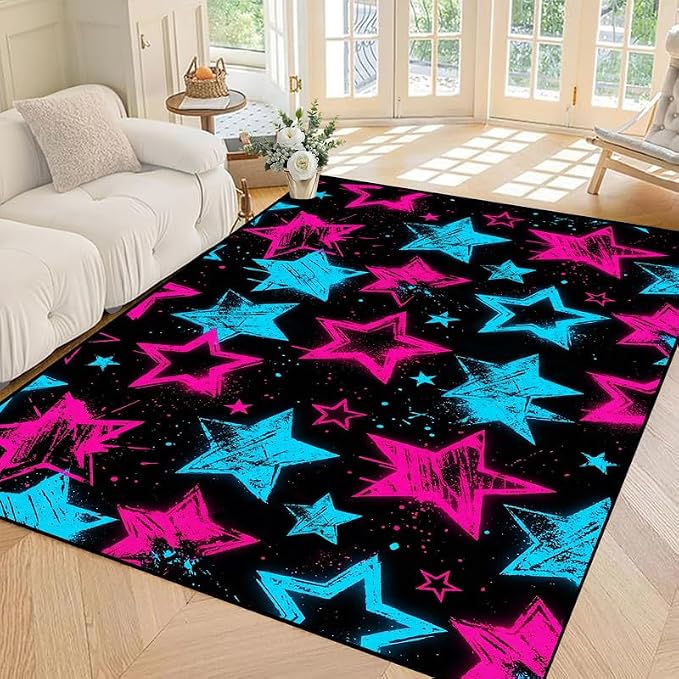 6'x9' Neon Star Area Rug Black Pink and Blue Floor Mat Abstract Star Print Rugs Washable Non-Slip Carpet for Bedroom Living Room Nursery Kitchen Playroom Home Decor