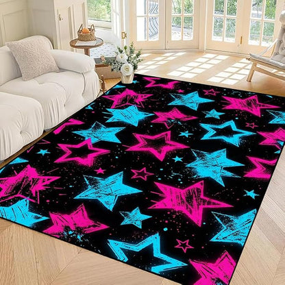 6'x9' Neon Star Area Rug Black Pink and Blue Floor Mat Abstract Star Print Rugs Washable Non-Slip Carpet for Bedroom Living Room Nursery Kitchen Playroom Home Decor