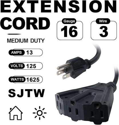 EP 2 Pack 15 Ft Outdoor Extension Cord with 3 Electrical Power Outlets - 16/3 SJTW Black Cable with 3 Prong Grounded Plug for Safety Great for Christmas Lights, Garden and Major Appliances