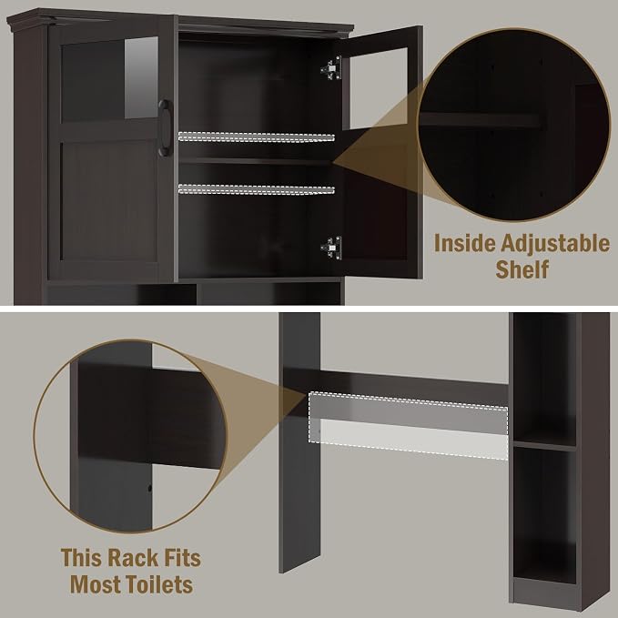 Over The Toilet Storage Cabinet, Storage Cabinet Over Toilet with Double Doors & Toilet Paper Holder Stand, Freestanding Toilet Shelf Space Saver with Anti-Tip Design & Adjustable Shelf, Espresso