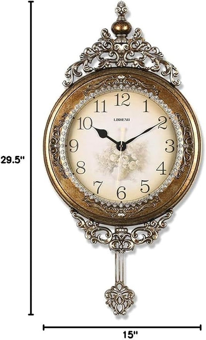 SHISEDECO Elegant, Traditional, Decorative, Hand Painted Modern Grandfather Wall Clock Fancy Ethnic Luxury Handmade Decoration, Swinging Pendulum for New Room or Office. Large. 29.5 Inch. (Copper)