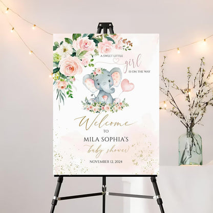 Editable Elephant Baby Shower Welcome Sign, Pink Floral Elephant Baby Shower Poster, Personalized Welcome Signs for Baby, Baby Shower Decoration for Girl
