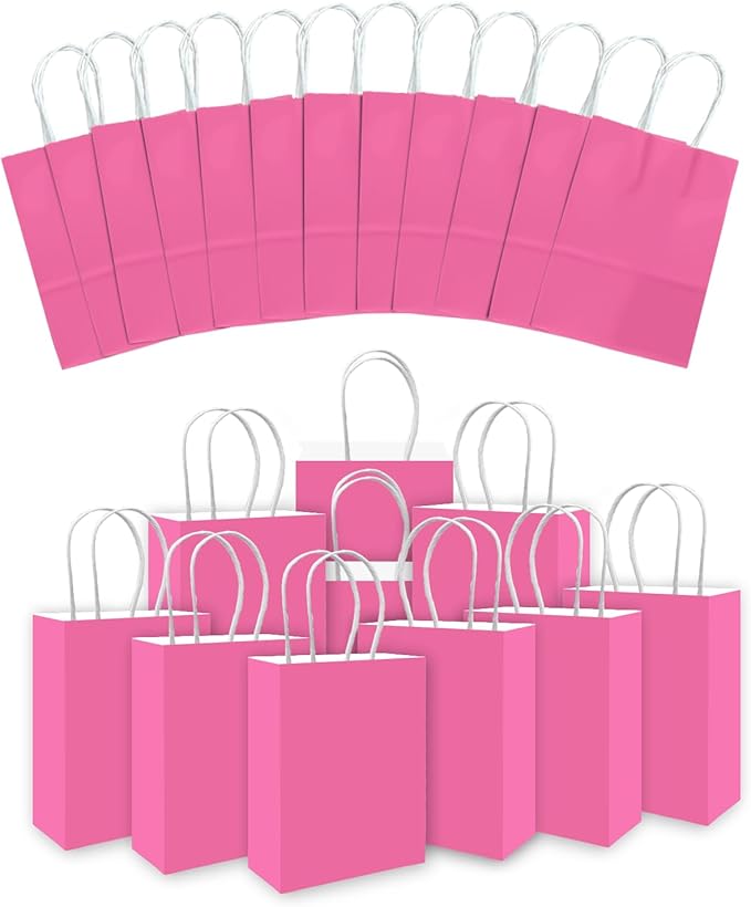 qiqee 24PCS Small Gift Bag with Handles Bulk 8.3"x6"x3" Gift Bags Pink Bags Multiple Uses (Small Size)