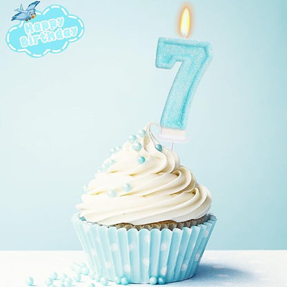 Blue Birthday Candles - Number 7 Candle for 7th Birthday Decorations for Girls Boys, Sky Blue Cake Decorations Sweet Theme Party Supplies