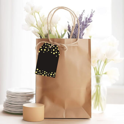 Anwyll Gift Tags with String - 100Pcs Gold Foil Metallic Confetti Polka Dot Gift Bag Tags Personalized Black Blank Hang Paper Label Tag for Birthday Party Bridal Shower Wedding Christmas Favor Present