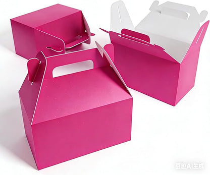XAGLVV 24 Pack Hot Pink Paper Gable Boxes,6.2 Inch Candy Boxes with Handle, Snack Party Favor& Gift Cookie bags for kids Birthday,Wedding, Baby Shower, Graduation.
