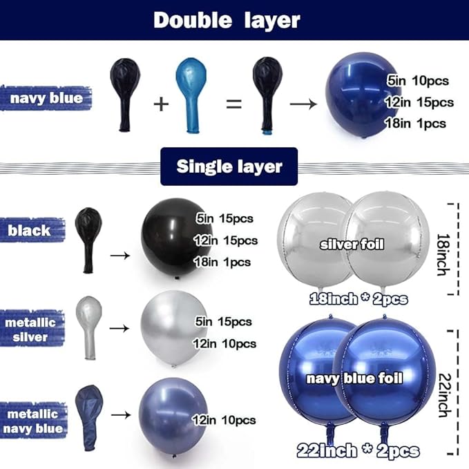 Navy Blue Black Balloon Garland - Double Stuffed Dark Royal Blue Black Balloon Arch Kit with Silver Foil for Birthday Graduation Prom Wedding Baby Shower Party Decoration
