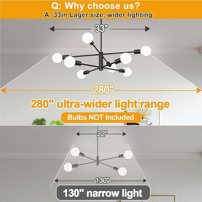 10.9"-52.3" Height Adjustable Sputnik Chandeliers Dining Room Light Fixture (8-Light, 30-Inch), Modern Black Chandelier, Mid Century Modern Chandeliers for Dining Room Kitchen (Bulbs Not Included)