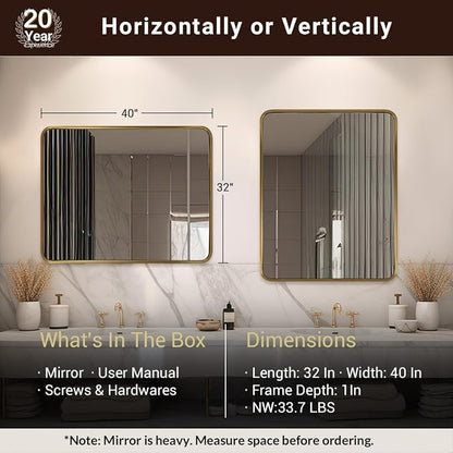 ANDY STAR 40x32 Inch Gold Bathroom Mirror, Brushed Gold Mirrors for Wall in Anti-Rust SUS304 Tube Metal Frame, Rounded Rectangle Mirrors 1’’ Deep Wall Mounted Vertically/Horizontal for Bathroom