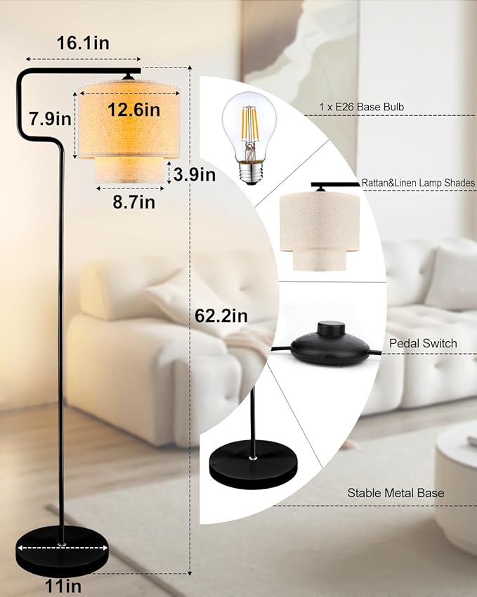 Lightdot 62IN Floor Lamps for Living Room, Modern Standing Tall Lamps with Double Linen Shades, 3000K Arc Bohemian Floor Lamp with Foot Switch for Wedding/Party, Bedroom, Home Office-Black