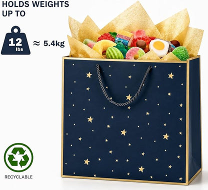 SHIPKEY 12 Pack Navy Star Gift Bags with Gold Frame, 12.5x4.5x11 Inches Large Paper Bag with Ribbon Handles, Star Shopping Bags (32x11.5x28 cm)