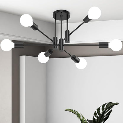 6-Light Sputnik Light Fixture, Solid Matte Black Mid-Century Modern Chandelier for Dining Room, Kitchen, Living Room, Bedroom