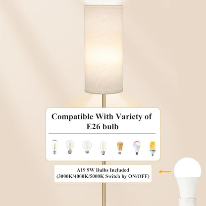 BoostArea Floor Lamp for Living Room with 3 Color Temperatures Bulb, Modern Floor Lamps, Classic Tall Lamp for Office, Standing Lamps for Bedroom, Kids Room, Study(9W LED Bulb, White Linen Shade)