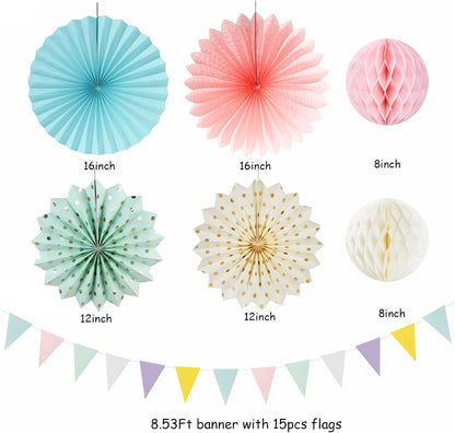 Pastel Rainbow Party-Decorations - 20pcs Pink Yellow Blue Classroom Ceiling Paper Lanterns Fans ,Girl Birthday Tissue Pom Poms,Honeycomb Balls,Bunting,Baby Shower Bridal Wedding Decor Burgleda