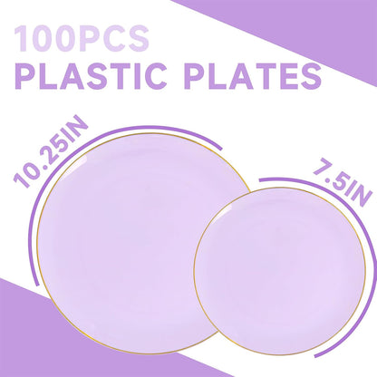 PULOTE 100PCS Purple Plastic Plates Disposable - Include 50 Dinner / 50 Dessert Plates Heavy Duty for Party, Wedding&Easter