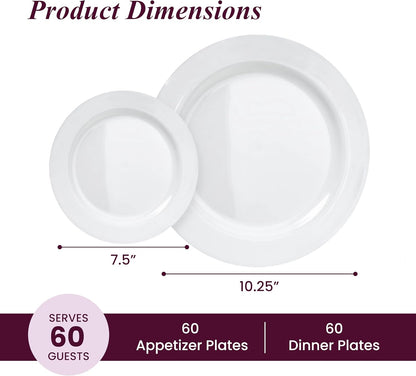 120 White Plastic Plates Disposable, Heavy Duty for Party - 60 Dinner Plates 10-Inch and 60 Salad Dessert Appetizer Plates 8-Inch, Hard Party Plate Elegant Holiday Parties, White Plates Disposable