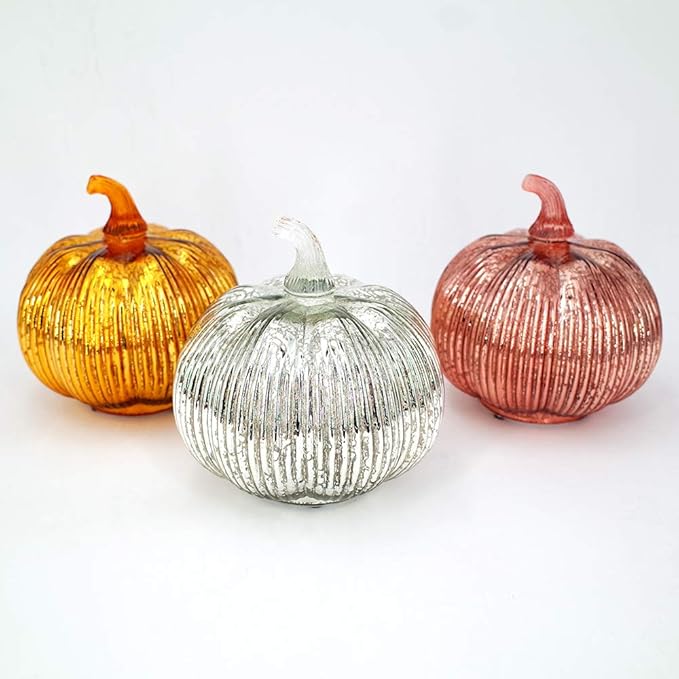 Mercury Glass Light up Pumpkin with Timer- Fall Decoration for Home-Lamps for Festive Decoration-Halloween Decorations (Gold)