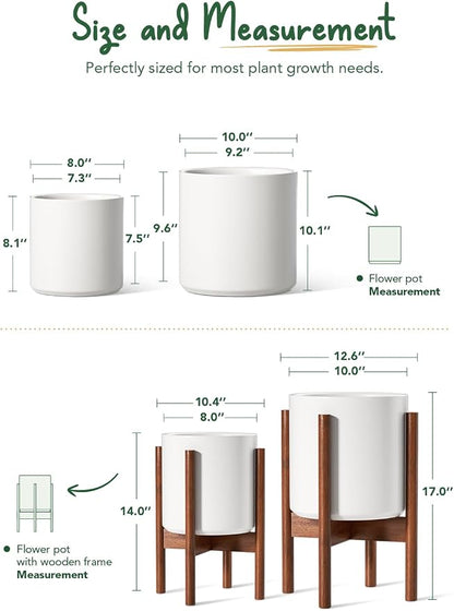 LE TAUCI Indoor Planter with Stand, 10 + 8 Inch, Set of 2, Ceramic Pot for Indoor Plants with Acacia Wood Holder, Mid-Century Modern Home Decor, Round Flower Pots with Drainage Hole, White