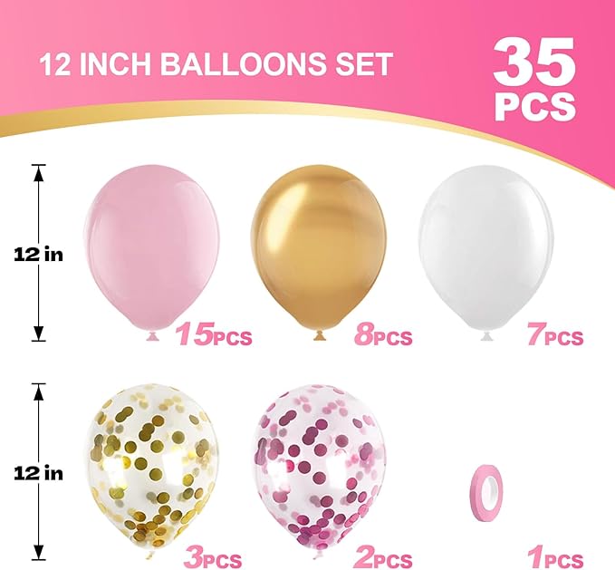 Pink Gold Confetti Latex Balloons Kit 35 pcs 12 inch Pink and White Balloon with Metallic Gold Confetti Balloons for Birthday Baby Shower Wedding Girl Birthday Party Decoration