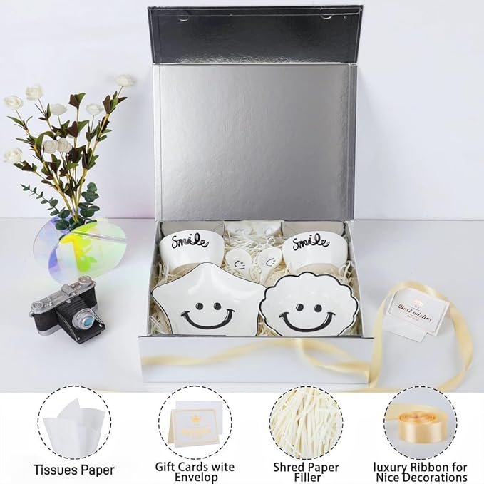 UoeRing 1 Pcs Silver Gift Box Large 13.5x11.8x4.7 inch Luxury Gift Box for Presents with Magnetic Closure Lid Collapsible,Birthday,Contains Card, Ribbon, Tissue Paper,Shredded Paper Filler