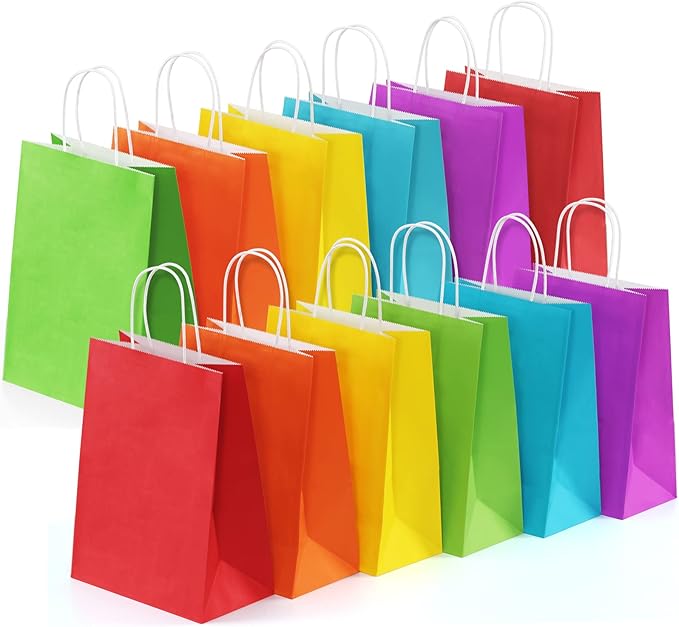 BagDream 24Pcs 10x5x13 Kraft Paper Party Favor Gift Bags with Handles Assorted Rainbow Colors for Wedding, Baby Shower, Birthday, Gifts, Shopping and Party Supplies