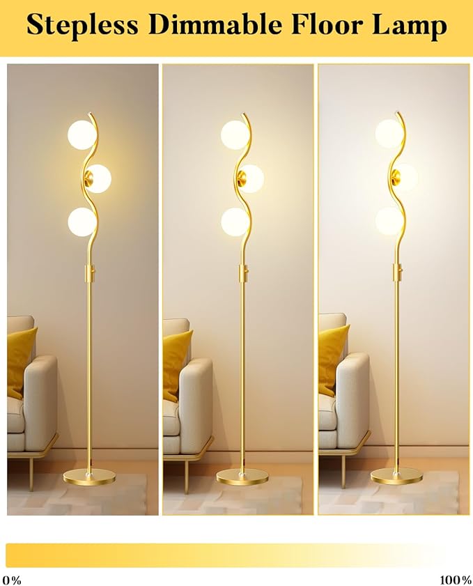 Lightdot 60IN Gold Floor Lamp Stepless Dimmable Globe Floor Lamps with 3Pcs 3000K Bulbs Included Eye-Friendly Mid Century Standing Lamps with 5Lbs Heavy Base for Living Room/Sofa Beside/Corner Decor