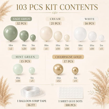 Sage Green Balloon Garland Kit, Green and White Balloon Arch Kit Olive Green White Gold Champagne Party Balloons Lime Green Beige Latex Balloons for Baby Shower Birthday Jungle Safari Party Decoration