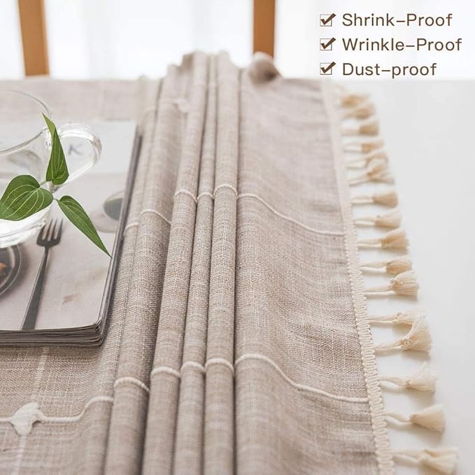 Deep Dream Tablecloths, Embroidered Waterproof Table Cloth Cotton Linen Wrinkle Free Anti-Fading Table Cover Decoration for Kitchen Dinning Party Christmas, 55 x 140 Inch - Light Brown