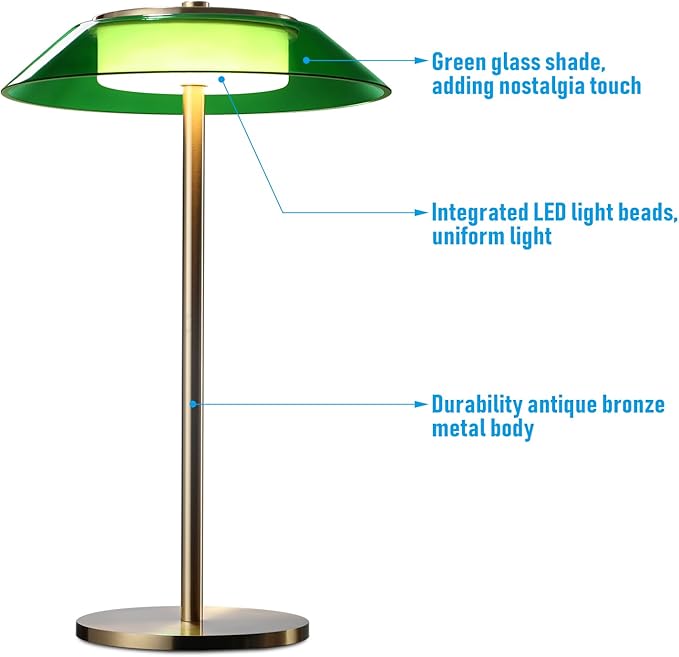 TORCHSTAR Green Glass Desk Lamps with Antique Brass Body, 330LM 3-Step Dimmable, 100-240V Integrated LED Table Lamp for Bedside Living Room, ETL&UL Listed, 3000K Warm White