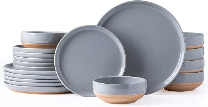 AmorArc Ceramic Dinnerware Sets for 6, 18 Pieces Handpainted Plates and Bowls Set with Rustic Terracotta Underside, Scratch Resistant Stoneware Dishes Set, Dishwasher & Microwave Safe, Gray
