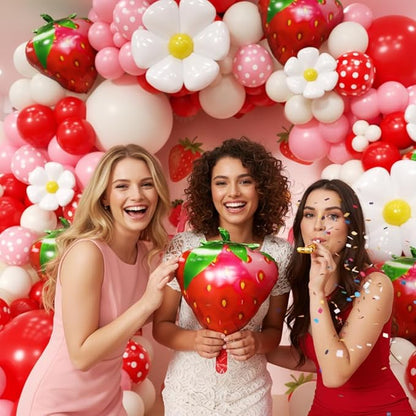 Strawberry Balloon Arch Kit 188Pcs with Strawberry Daisy Foil Balloons, Red Pink White Balloons for Sweet One Berry First Birthday Wedding Baby Shower Gender Reveal Girls Princess Party Decor