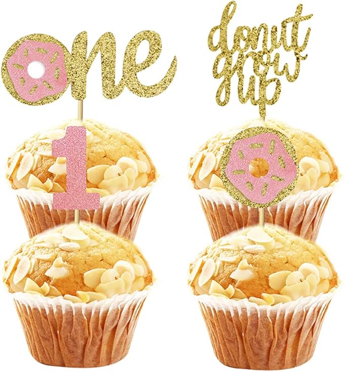 24 Pcs Donut First Birthday Cupcake Toppers 1st Birthday Party Decoration Cake Supplies (4 Styles) MGPFERD