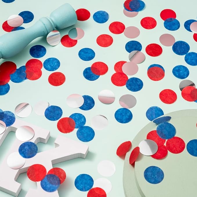 Silver Blue and Red Tissue Paper Confetti Dots Table Decoration for 4th July Birthday Independence Day Graduation Retirement Party, 1 inch in Diameter, 100 grams