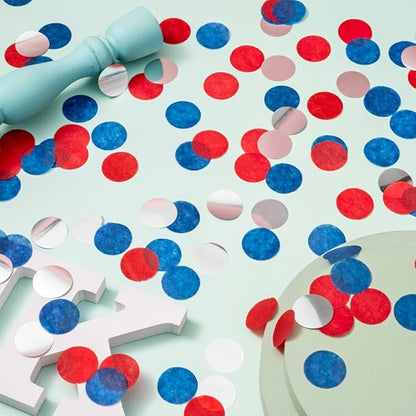 Silver Blue and Red Tissue Paper Confetti Dots Table Decoration for 4th July Birthday Independence Day Graduation Retirement Party, 1 inch in Diameter, 100 grams