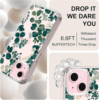 MOSNOVO Case for iPhone 15 Plus/iPhone 14 Plus, [Buffertech 6.6ft Military-Grade Drop Protection] [Anti Peel Off Tech] Clear TPU Bumper Phone Case Cover Design - Eucalyptus