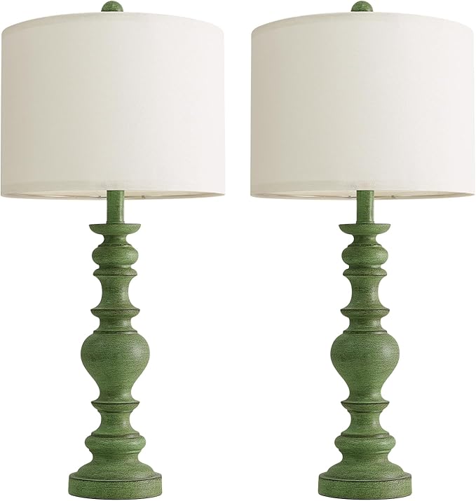 BOBOMOMO 27" Sage Green Table Lamps Set of 2, Large Farmhouse Resin Lamps with Linen Shades, Green Vintage Lamps for Living Room, Bedroom, or Entryway, Rustic Elegant Home Décor