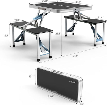 VINGLI 4Ft Portable Folding Picnic Table Camping Table Foldable Set with 4 Seats with Umbrella Hole Suitcase Card Table-220 Lbs Support Aluminum Frame, Plastic RV Tabletop for Yard, Travel-Blue