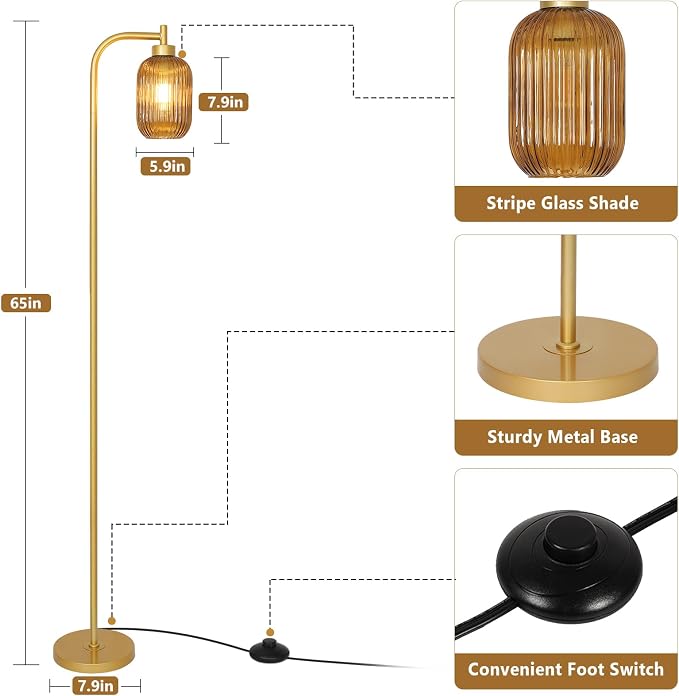 LAMSU Glass Floor Lamps for Living Room, Vintage Gold Standing Lamp with LED Bulb, Amber Stripe Glass Shade, Foot Switch, Mid Century Modern Brass Tall Corner Lamp for Bedroom Office Reading Room