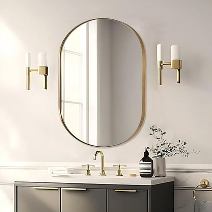 ANDY STAR 30x40'' Large Brass Oval Mirror, Brushed Brass Bathroom Mirrors Pill Shaped in Stainless Steel 1’’ Deep Wall Mounted Vertically & Horizontally