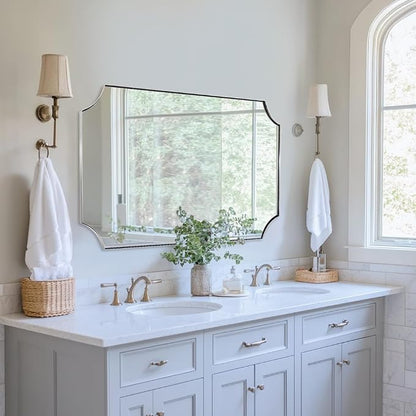 ANDY STAR 30x48 Inch Chrome Mirror, Large Scalloped Bathroom Mirror, Unique Rectangle Mirror with Rust-Proof Stainless Steel 1" Frame, Hangs Vertically or Horizontally