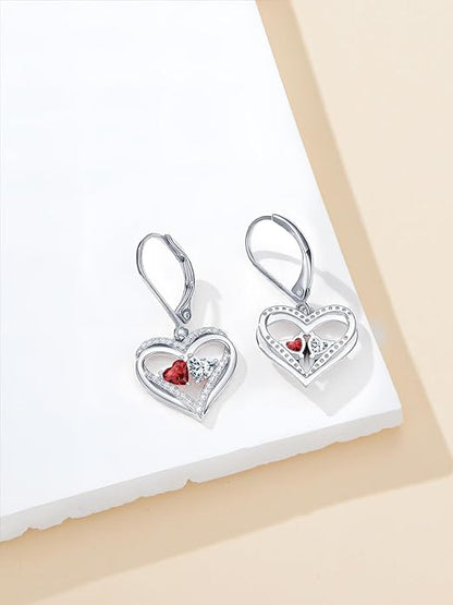 Valentines Day Gifts for Women, Heart Leverback Earrings Double Birthstone Dangle Earrings for Women, Love Jewelry for Her, Anniversary Birthday Gift for Mom Wife Girlfriend