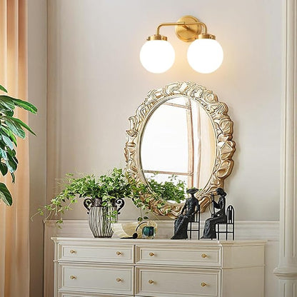 Bathroom Vanity Light Fixtures Over Mirror, Modern Brass Gold 2 Lights Wall Sconce Lighting with Milky Glass Ball Shades, Mid Century Farmhouse Bathroom Lighting