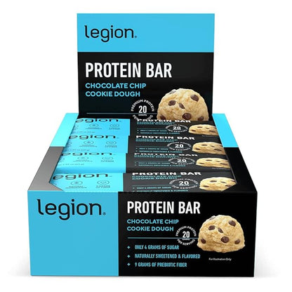 Legion Chocolate Chip Cookie Dough Protein Bar - 100% Whey Protein Bars Low Sugar High Protein with Prebiotic Fiber - Soy-Free, Gluten Free, Naturally Flavored, Low Fat, High Protein Bars (12 Count)