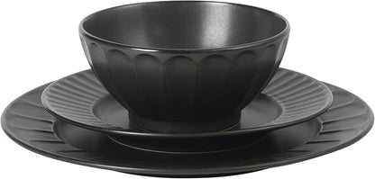 Gibson Elite Winchester Way 12-Piece Embossed Stoneware Dinnerware Set – Reactive Matte Glaze, Durable Lightweight-Tech Plates & Bowls, Everyday Dish Set, Microwave & Dishwasher Safe – Black