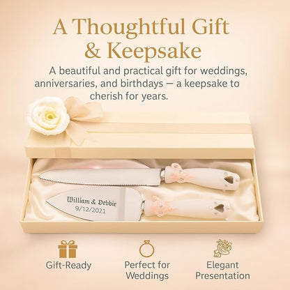 GIFTS INFINITY Personalized Wedding Cake Knife and Server Double Heart Set Free Engraving, Bridal & Baby Shower, Anniversary, Birthday, Engagement, Sweet Sixteen - Valentine's Day Gift