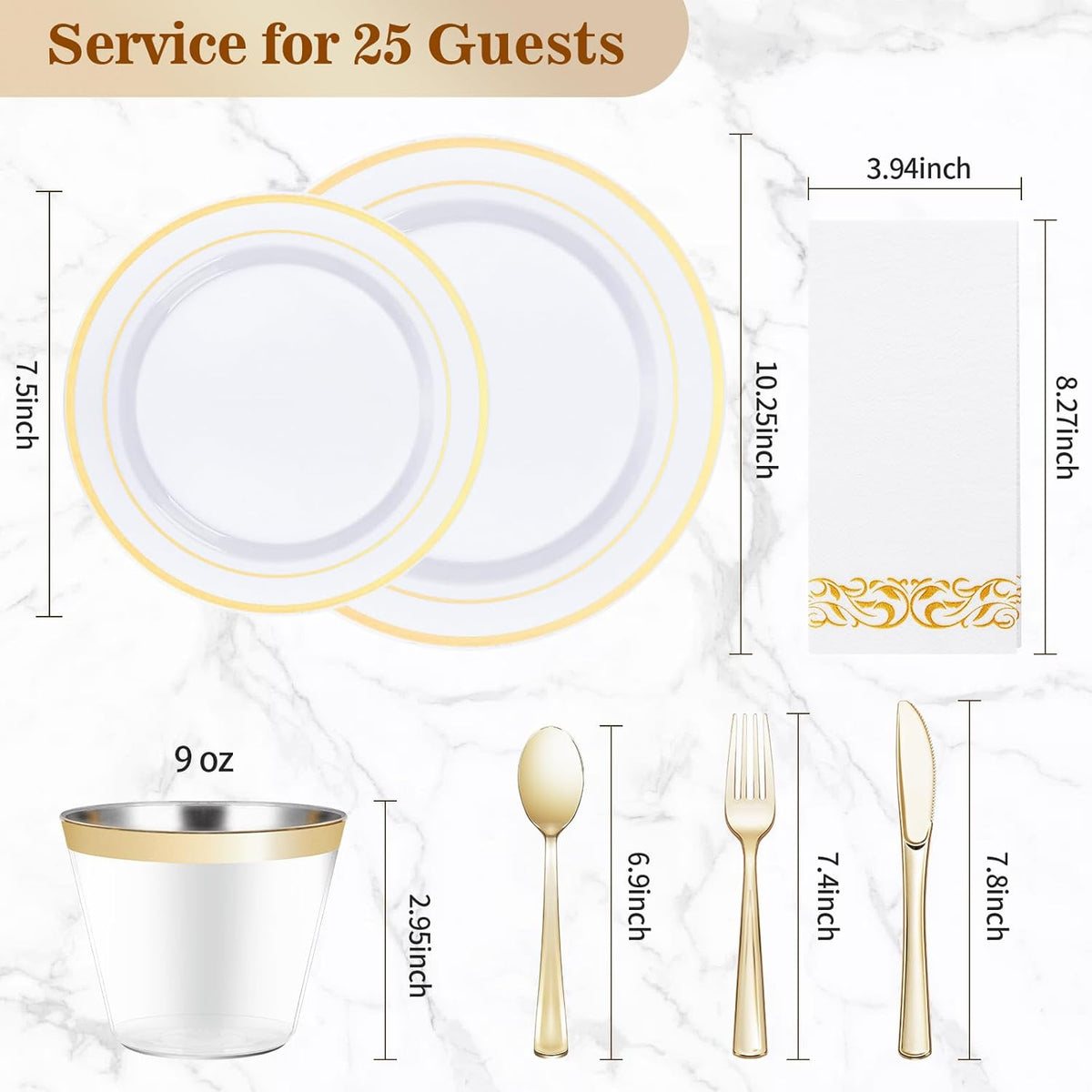 BESTVIP 175 PCS Gold Dinnerware Set for 25 Guests, Plastic Dinnerware Set for Party, Wedding, Christmas, Halloween, Include: 50 Plastic Plates, 25 Gold Silverware, 25 Cups, 25 Paper Napkins