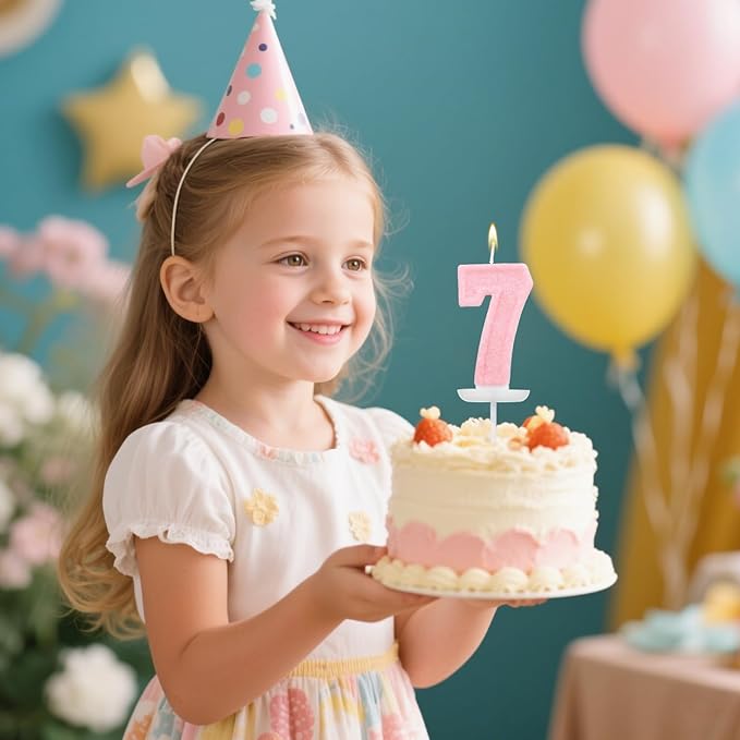 Pink Number Birthday Candles, Romantic Cake Glitter Pink Number Candles Anniversary Cake Topper Decoration Cute Birthday Party Supplies for Wedding Anniversary Celebration Supplies (7)